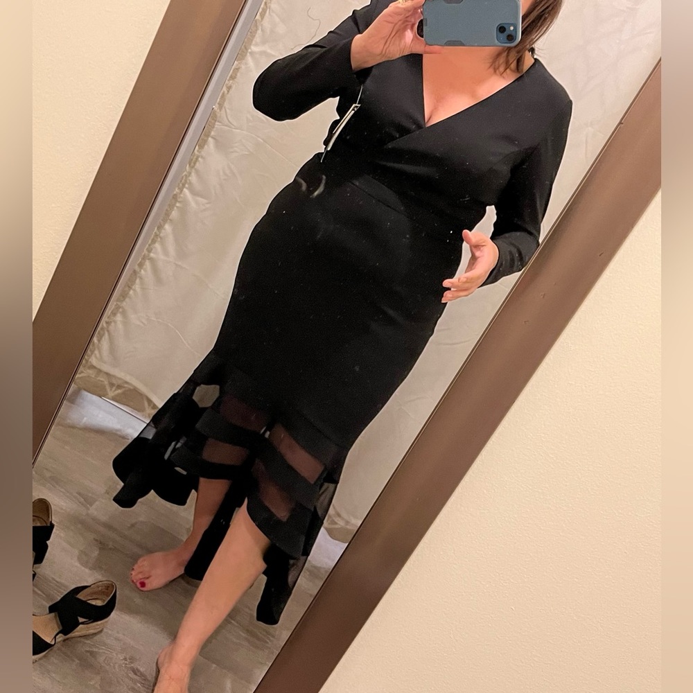 NEW XSCAPE Womens Black Illusion Hem Long Sleeve Evening Dress size 12